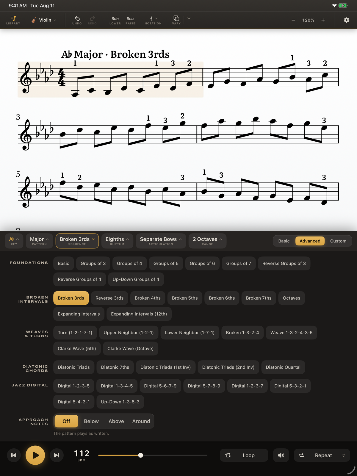 A page of Daily Scales on iPad: A flat major in broken 3rds engraved for violin, with the console open underneath on the sequence well: rows of patterns from basic groups through broken intervals, weaves and turns, diatonic chords and jazz digitals