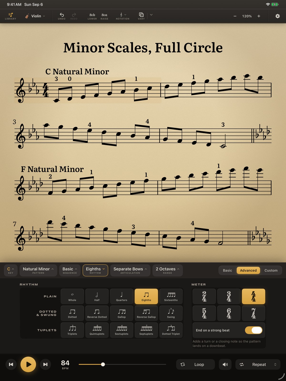 Daily Scales on iPad, held portrait on a music stand: the C natural minor scale over two octaves, engraved for violin on manuscript paper with the fingerings marked, the first key of a lap around the circle of fourths. The console is open underneath on the rhythm well, with Triplets chosen.