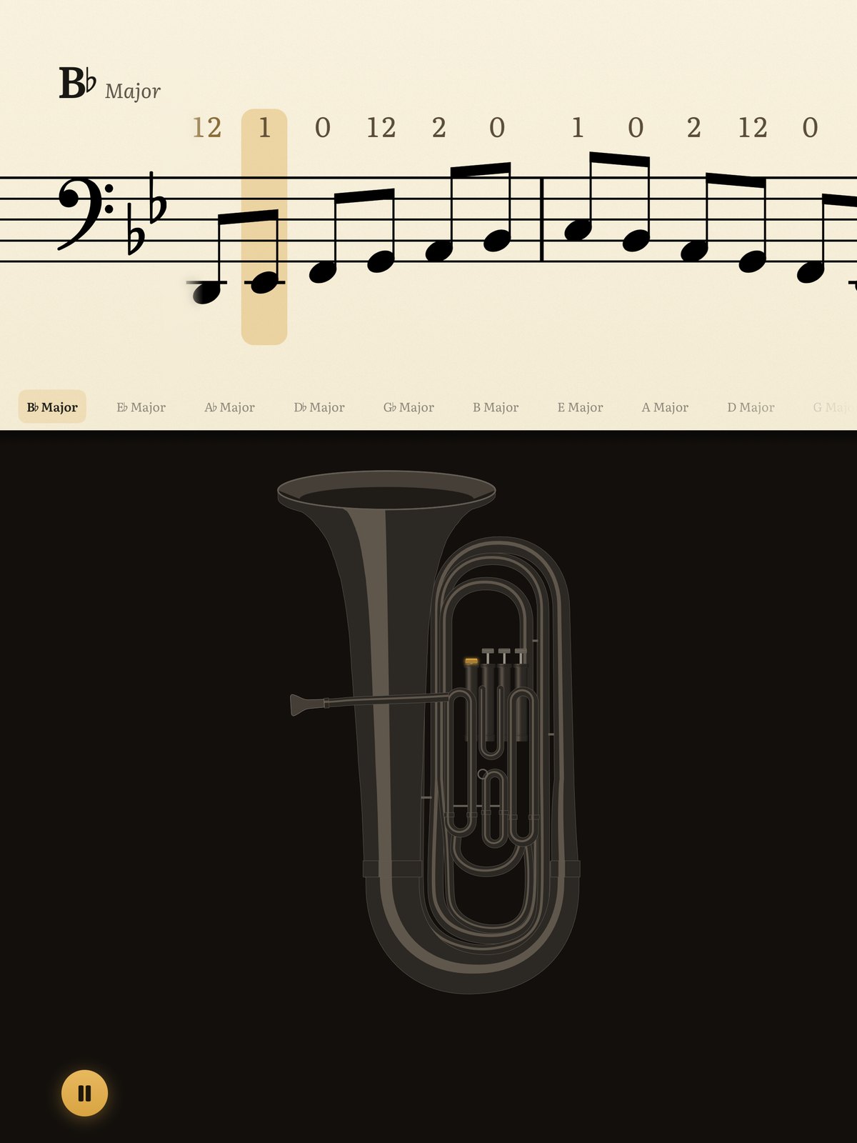 縦向きの iPad で再生中の Daily Scales。B♭ チューバの B♭ メジャースケールが1行で流れ、各音符の上に押すバルブが表示され、その下でチューバ全体の絵が、音が鳴るたびに同じバルブを押します。