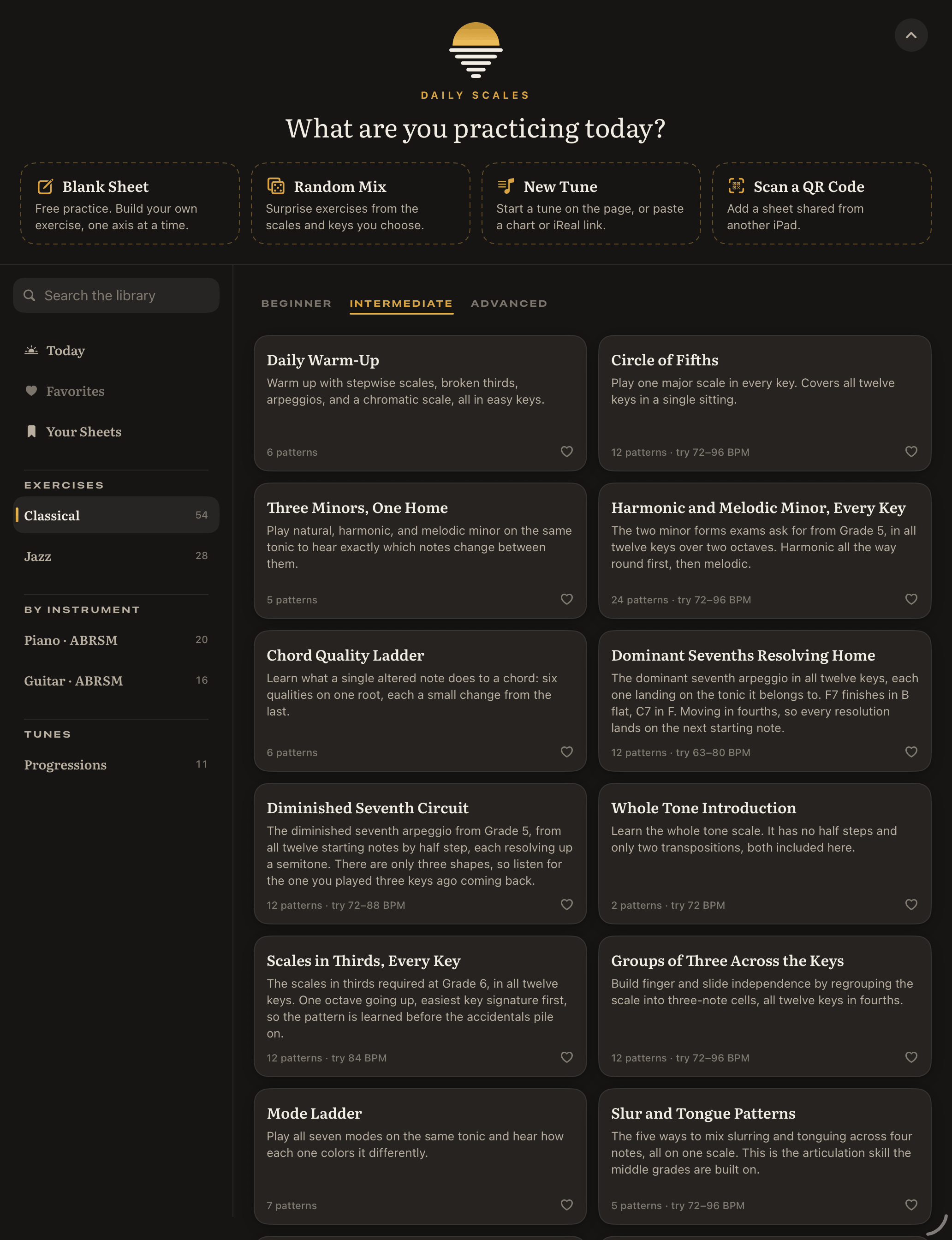 The Daily Scales library on iPad: the classical shelf at intermediate level, twelve routines from Daily Warm-Up to Slur and Tongue Patterns, each with what it is for, how many patterns it holds and a tempo to try it at